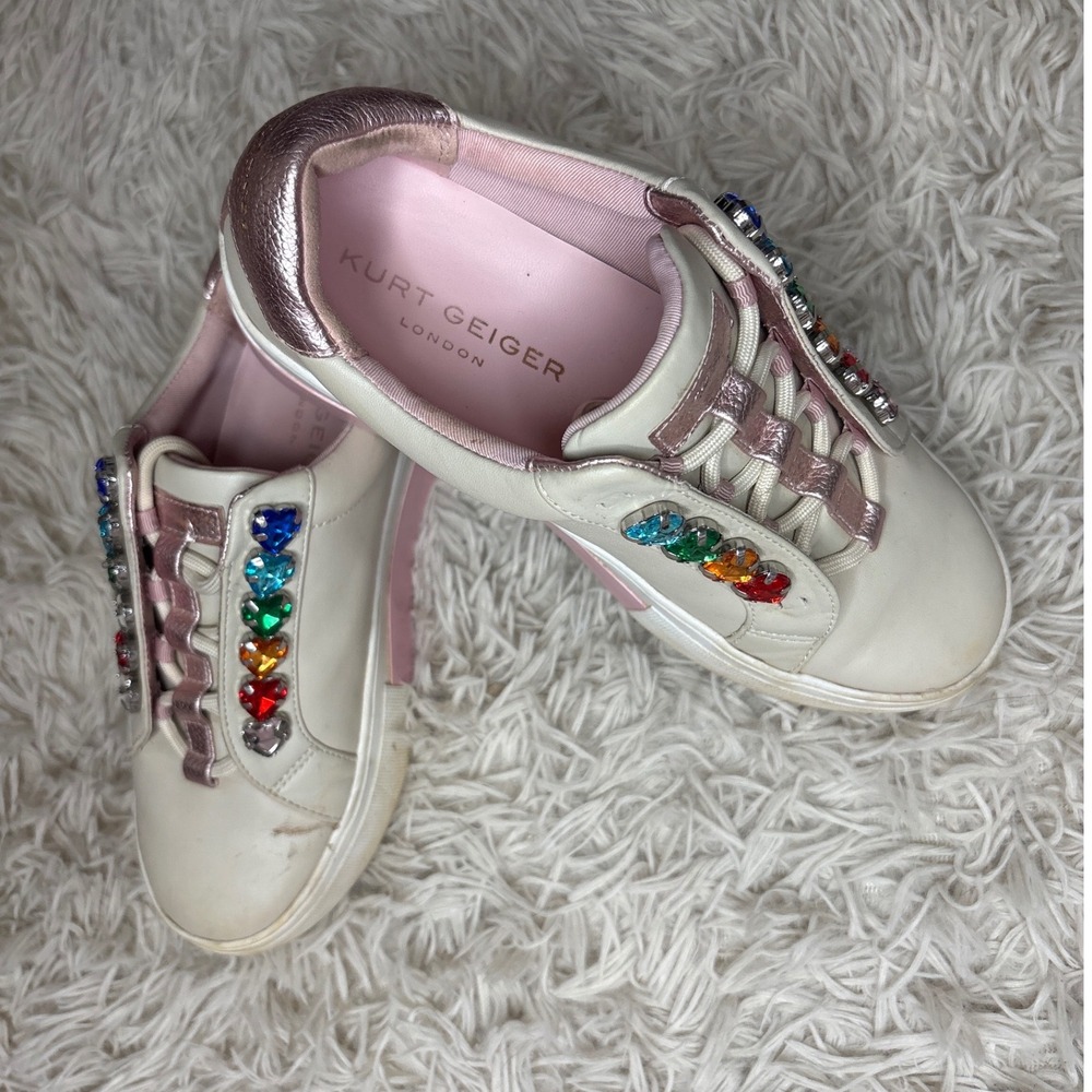 Kurt Geiger London White Pink Gem Heart‎ Embellished Sneakers Women 5.5 Youth 3